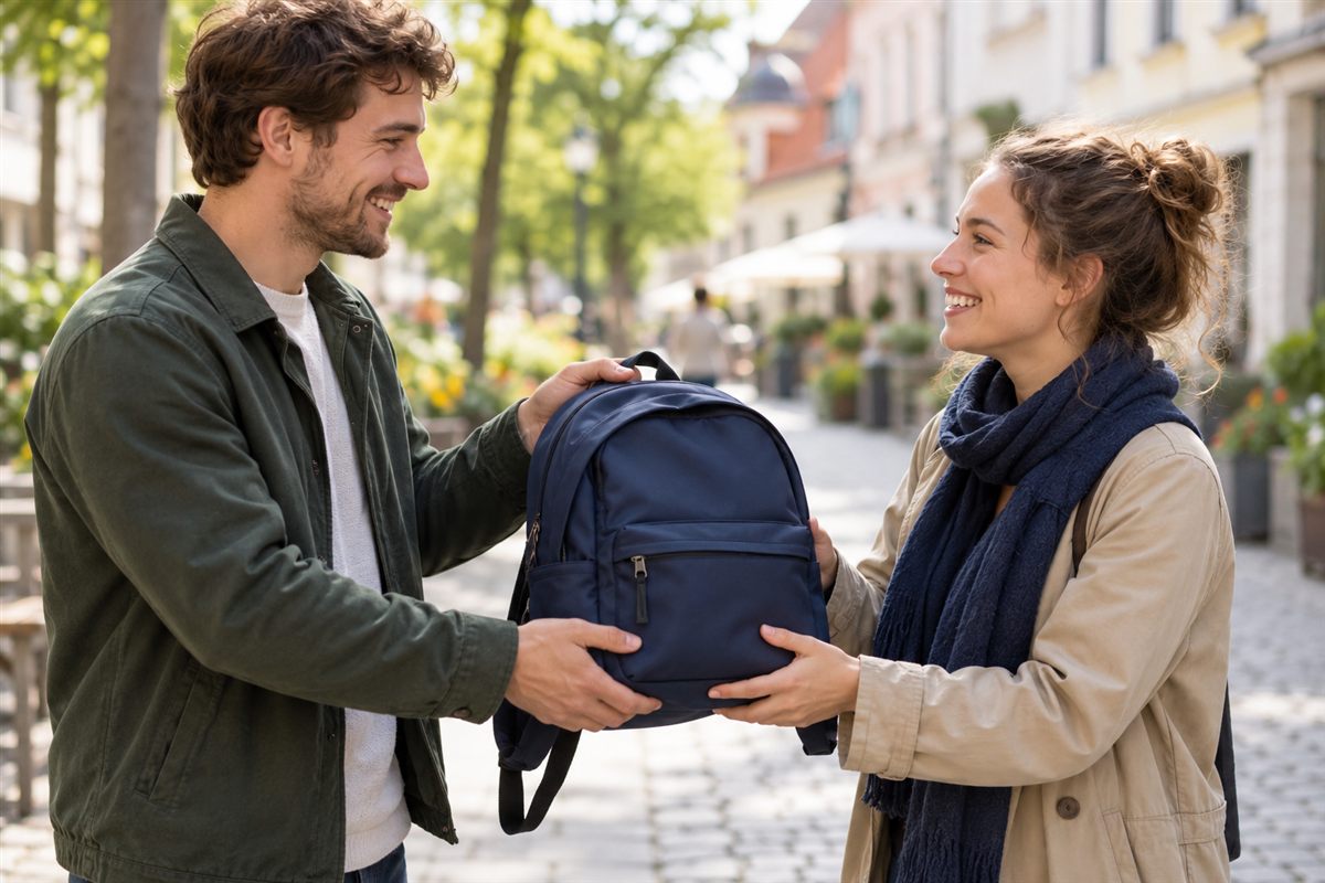 Ein wiedergefundener Rucksack wird zurückgegeben