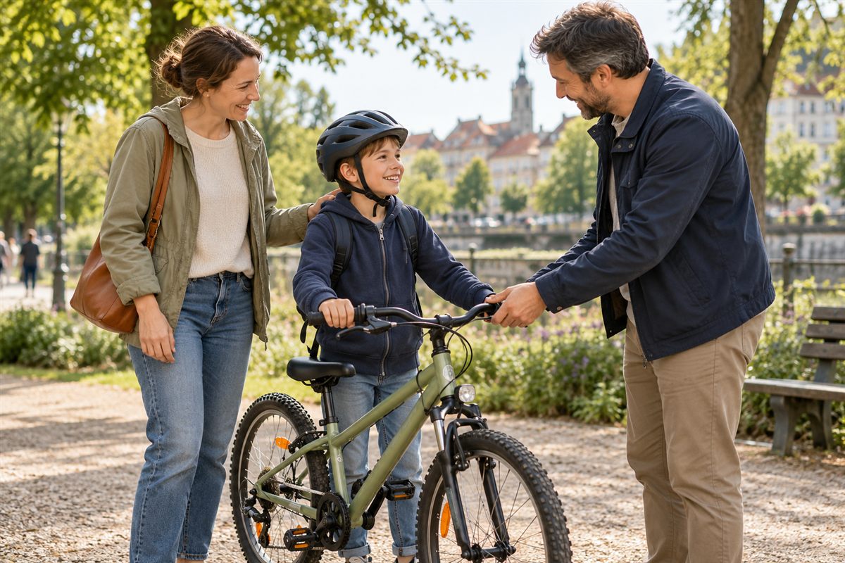 Ein Kind mit Helm erhält im Beisein eines Elternteils sein Fahrrad zurück