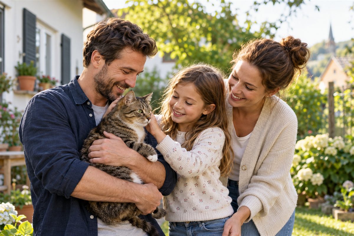 Eine Familie begrüßt ihre wiedergefundene Katze