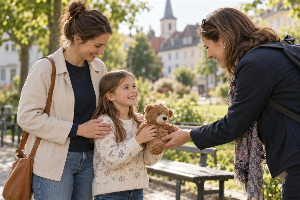 Ein Kind und sein Elternteil freuen sich über das zurückgegebene Kuscheltier