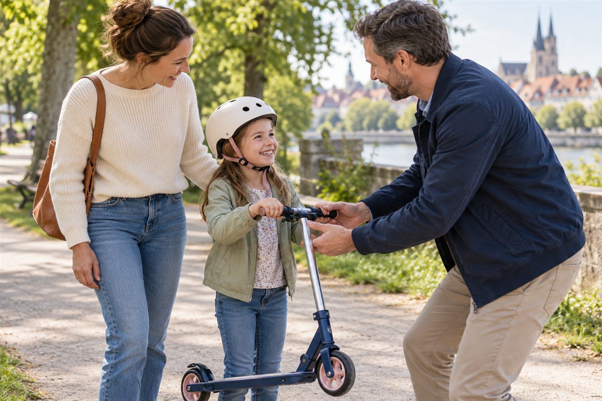 Ein Kind und ein Elternteil nehmen einen wiedergefundenen Roller entgegen